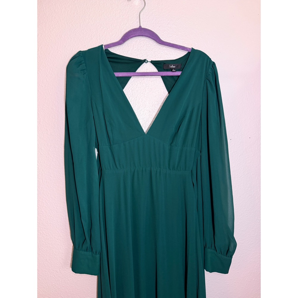 Lulus Forest Green Chiffon Maxi Dress Womens L Open Back Fairycore Cottagecore